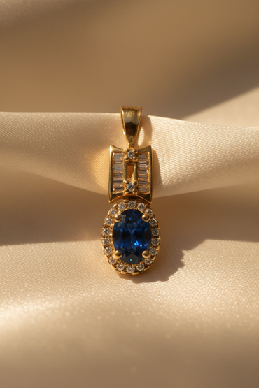 14K Yellow Gold Blue Sapphire & Diamond Halo Pendant – Front View