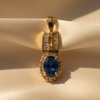 14K Yellow Gold Blue Sapphire & Diamond Halo Pendant – Front View