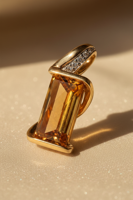 14K Yellow Gold Checkerboard Citrine & Diamond Pendant - editorial three quarter