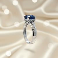 14K White Gold Blue Sapphire Diamond Crown Milgrain Ring — Side View