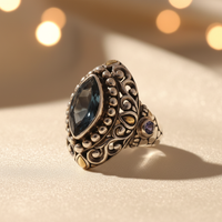 Sterling Silver 18K Yellow Gold Blue Topaz and Iolite Ring - editorial three-quarter