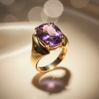 14K Yellow Gold Oval Amethyst Solitaire Ring - elevated front view
