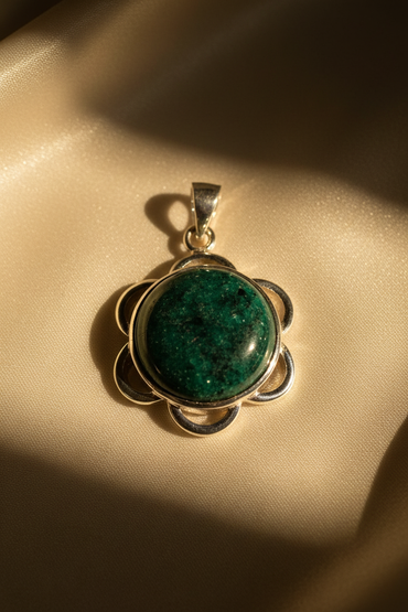 Sterling silver zoisite flower pendant - editorial marketing image 1