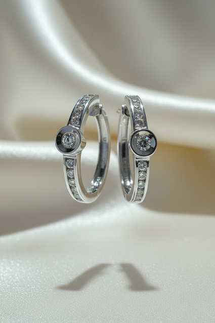 14K White Gold Channel Diamond Hoop Earrings – Side Profile