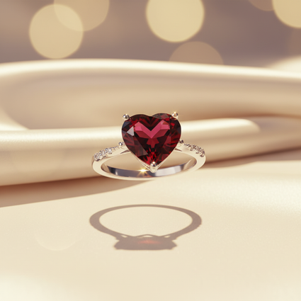 14K White Gold Heart Garnet & Diamond Ring - front view