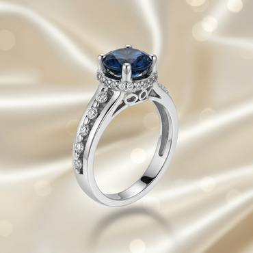 14K White Gold Blue Sapphire Diamond Crown Milgrain Ring — Three-Quarter View