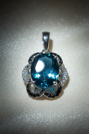14K White Gold London Blue Topaz Black & White Diamond Halo Pendant - Front View