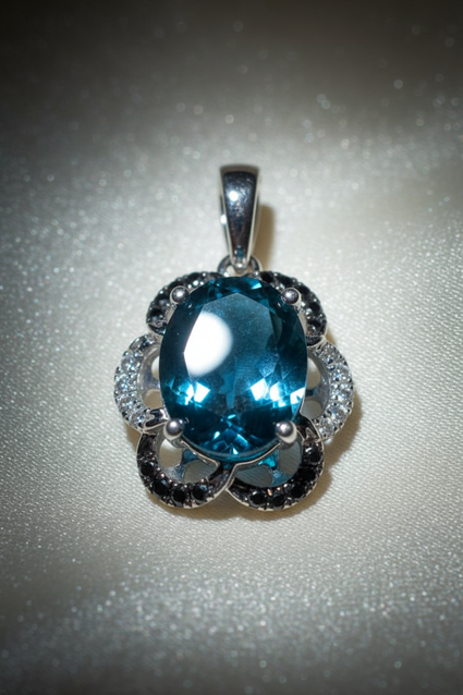 14K White Gold London Blue Topaz Black & White Diamond Halo Pendant - Front View