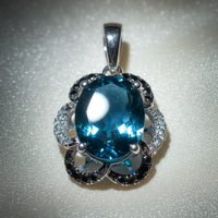 14K White Gold London Blue Topaz Black & White Diamond Halo Pendant - Front View