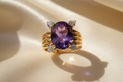 14K Yellow Gold Oval Amethyst and Diamond Ring - top view