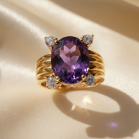 14K Yellow Gold Oval Amethyst and Diamond Ring - top view