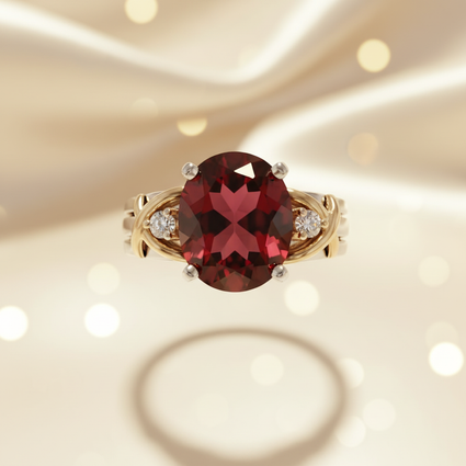 14K Two-Tone Gold Oval Garnet & Diamond Ring - front view