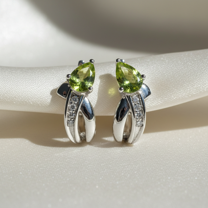 10K White Gold Peridot & Diamond J-Hoop Earrings - Pair View