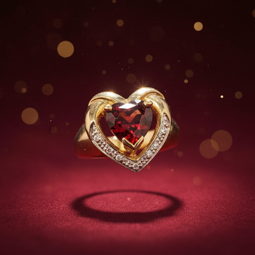 10K yellow gold heart garnet diamond ring luxury editorial marketing photo