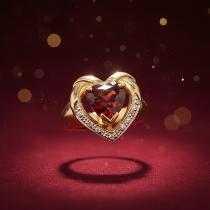 10K yellow gold heart garnet diamond ring luxury editorial marketing photo