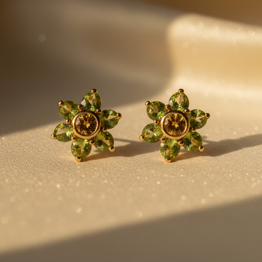 14K yellow gold peridot and citrine flower cluster stud earrings - editorial marketing image