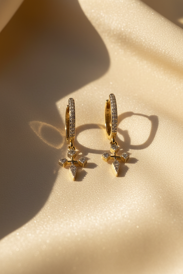 14K Yellow Gold 1/6ctw Diamond Cross Huggie Earrings - angle 2