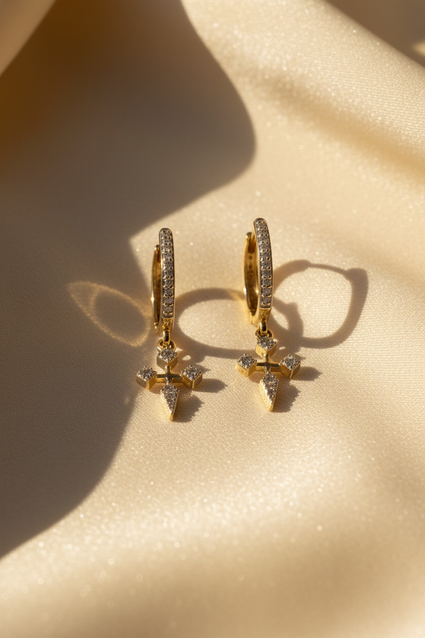 14K Yellow Gold 1/6ctw Diamond Cross Huggie Earrings - angle 2
