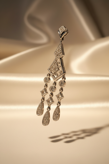 14K white gold Art Deco diamond chandelier pendant - left angle editorial