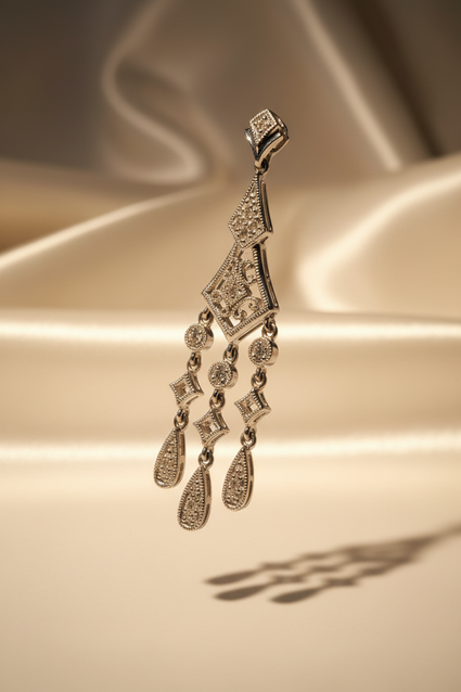 14K white gold Art Deco diamond chandelier pendant - left angle editorial