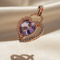 10K Rose Gold Heart Amethyst & Diamond Double Halo Pendant - side elevated view
