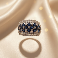 14K White Gold Blue Sapphire Cluster & Diamond Wide Dome Cocktail Ring - Top Down View