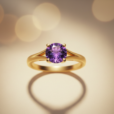 14K Yellow Gold Round Amethyst Solitaire Ring - top view