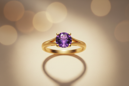 14K Yellow Gold Round Amethyst Solitaire Ring - top view