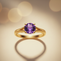 14K Yellow Gold Round Amethyst Solitaire Ring - top view