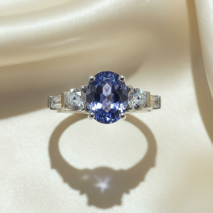 14K White Gold 1.14ct Oval Tanzanite Three-Stone Ring - Top Down View