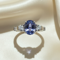 14K White Gold 1.14ct Oval Tanzanite Three-Stone Ring - Top Down View