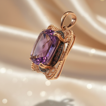 14K Rose Gold Amethyst & Diamond Vintage Filigree Pendant - side profile