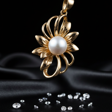 Yellow gold freshwater pearl sunburst pendant - full view