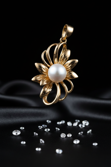 Yellow gold freshwater pearl sunburst pendant - full view