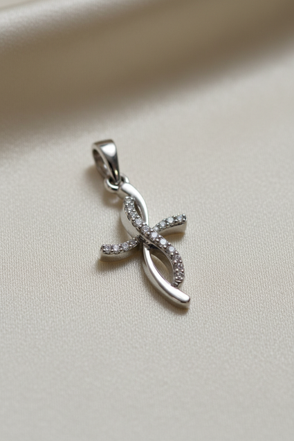 10K White Gold 1/20ctw Diamond Ribbon Twist Cross Pendant - angle 2