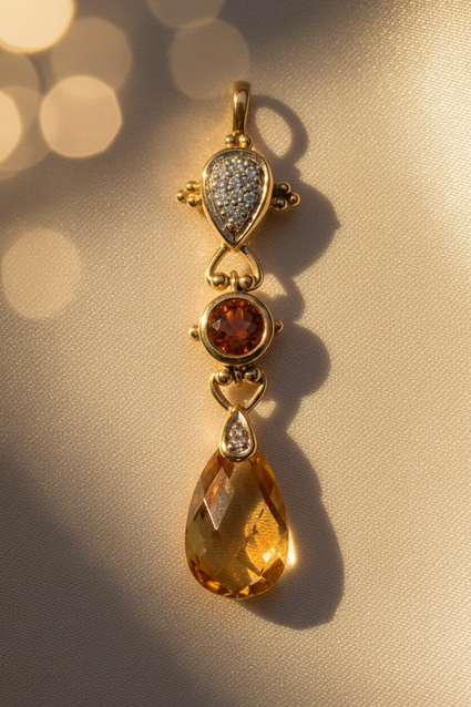 14K Yellow Gold Citrine Madeira Citrine & Diamond Drop Pendant - editorial front