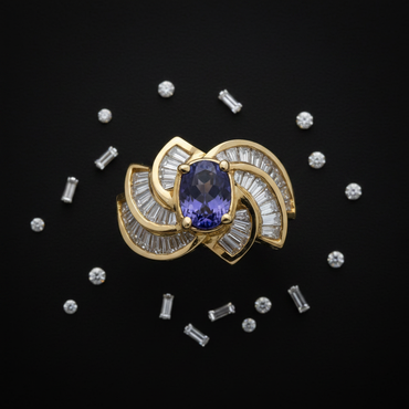 14K Yellow Gold Oval Tanzanite Baguette Diamond Art Deco Ring - Top-Down View