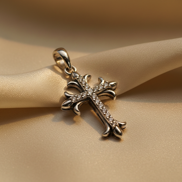 10K white gold ornate fleur-de-lis diamond cross pendant with pavé diamonds and dark oxidized accents, angle 2