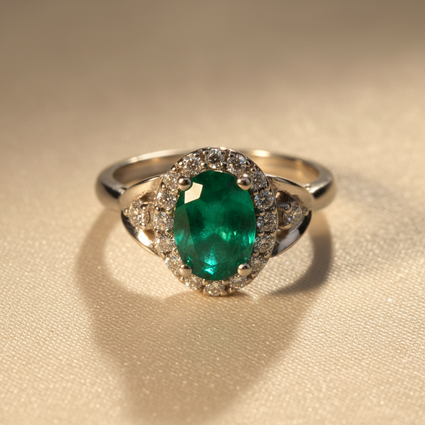 14K White Gold Oval Emerald & Diamond Halo Ring - editorial top down