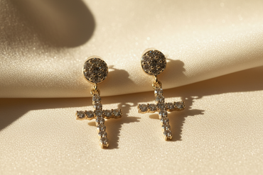10K Yellow Gold Natural Diamond Post Dangle Cross Earrings - Marketing Image
