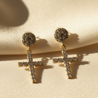 10K Yellow Gold Natural Diamond Post Dangle Cross Earrings - Marketing Image