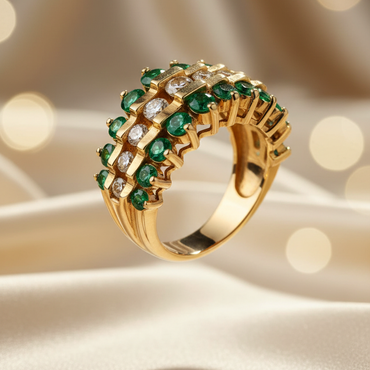 14K yellow gold created emerald and diamond three-row cluster ring, elevated side view