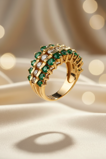 14K yellow gold created emerald and diamond three-row cluster ring, elevated side view