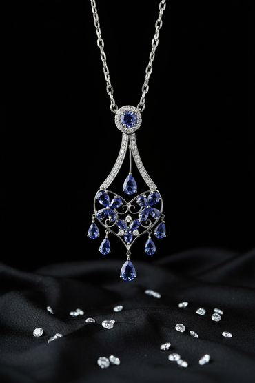 14K White Gold Tanzanite Diamond Chandelier Necklace - Full View