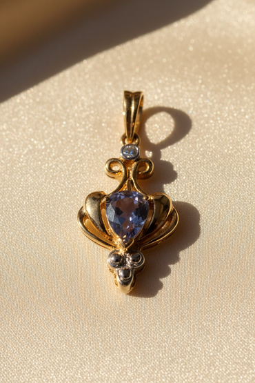 14K Yellow Gold Tanzanite & Diamond Art Nouveau Pendant - Front View