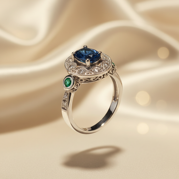 14K White Gold Oval Blue Sapphire & Emerald Vintage Halo Ring - Three-Quarter View