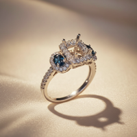 14K White Gold Sapphire & Diamond Three-Stone Halo Semi-Mount - editorial three quarter