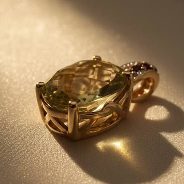 14K Yellow Gold Olive Quartz & Garnet Pendant - Lattice Side View