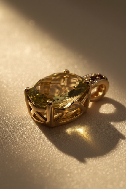 14K Yellow Gold Olive Quartz & Garnet Pendant - Lattice Side View