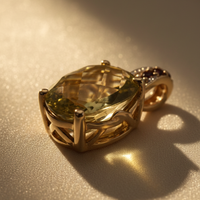 14K Yellow Gold Olive Quartz & Garnet Pendant - Lattice Side View